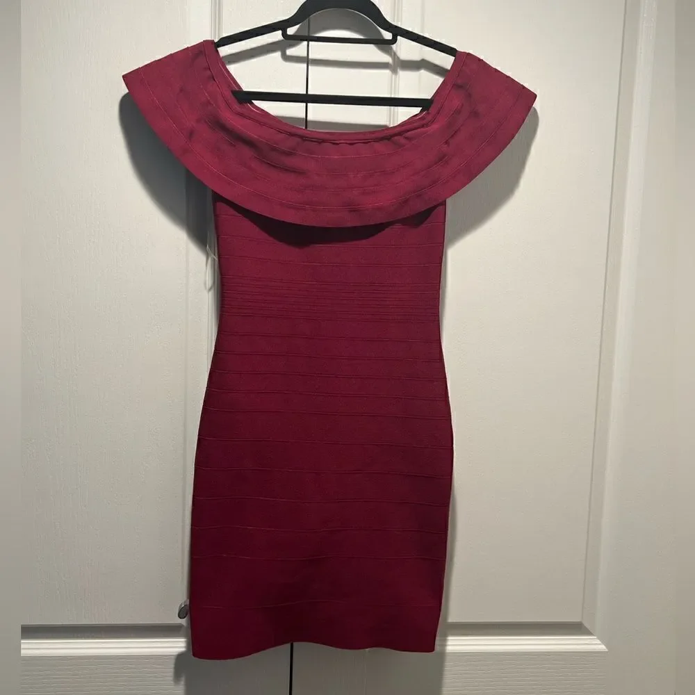 WOW Couture Bandage Isaura Bandage Off Shoulder Dress (Merlot) - Picture 2 of 4